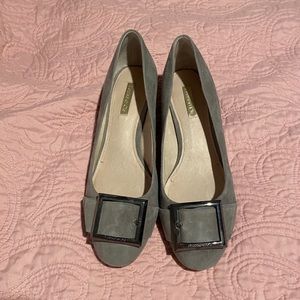 Grey suede dress shoes with buckle detail. EUC